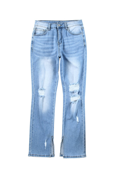 Mid Rise Straight Leg Distressed Blue Jeans