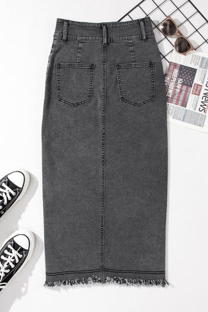 High Rise Black Denim Jean Midi Skirt