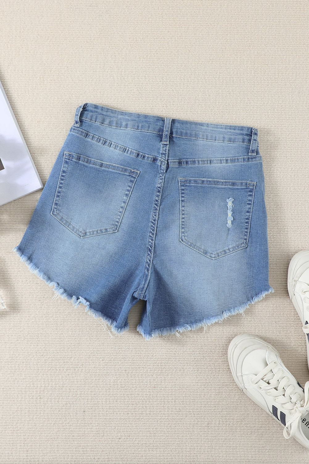 High Rise Distressed Denim Blue Jean Shorts