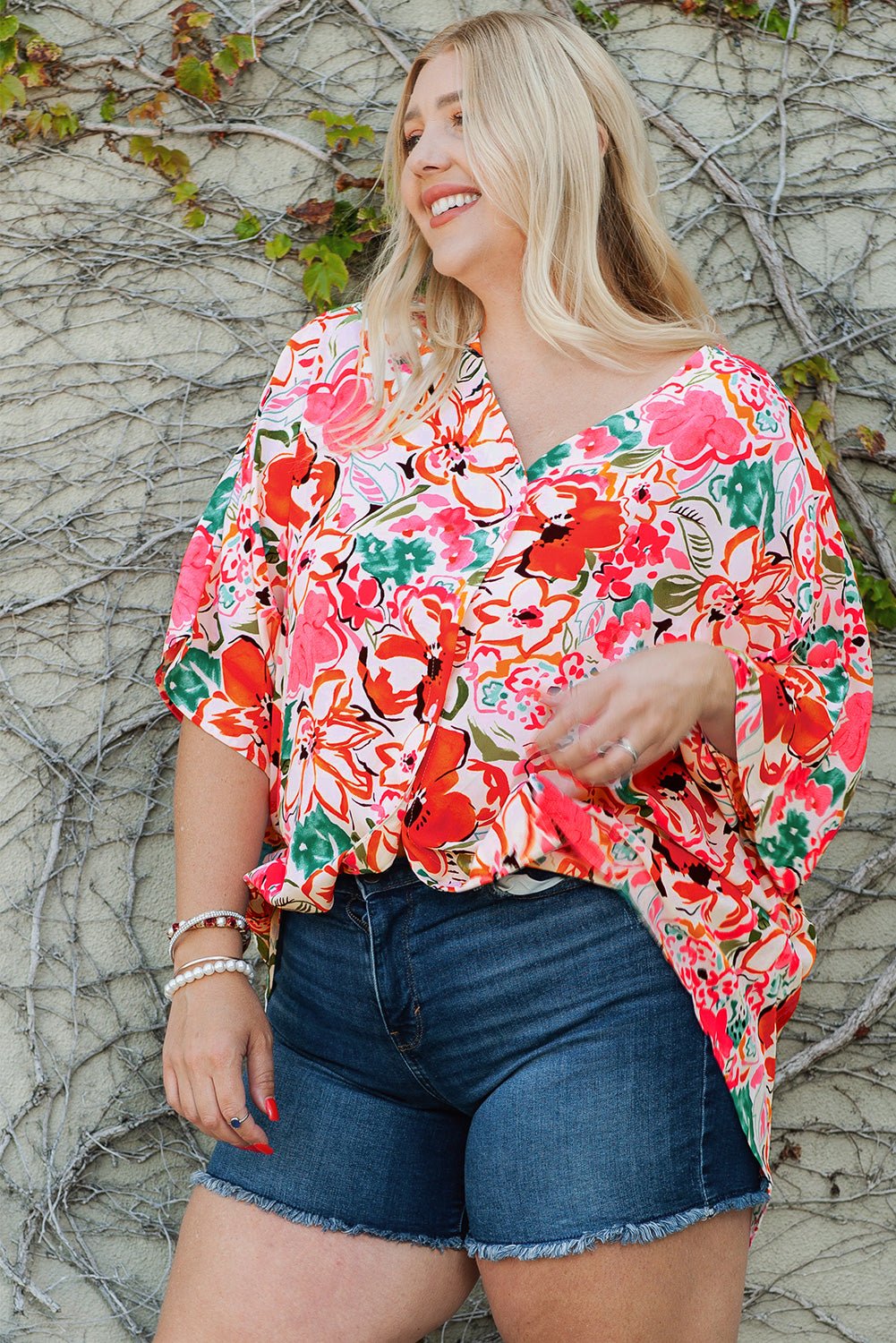 1/2 Sleeve Button- Down Floral Print Plus Size Top