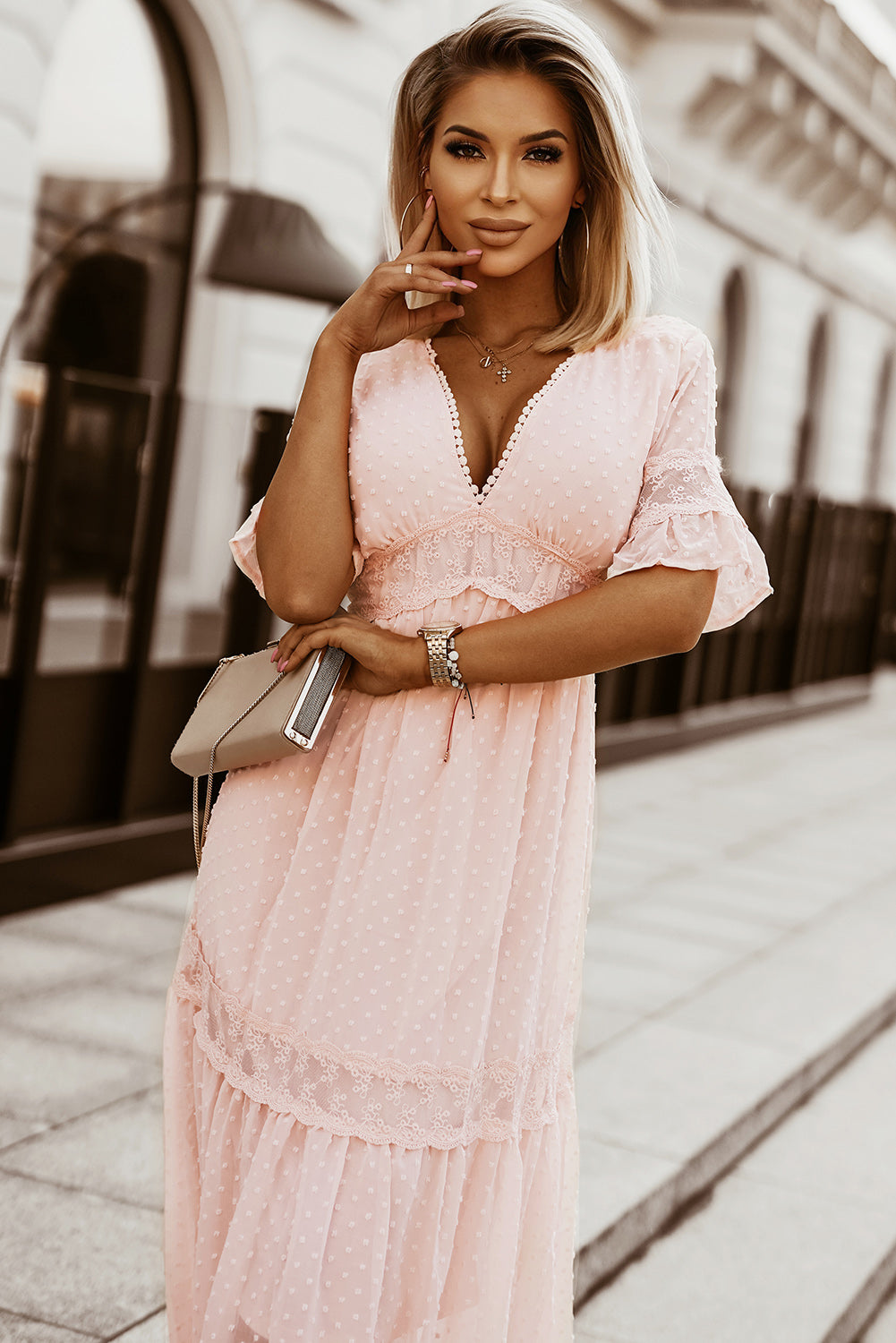 Short Sleeve V-neck Swiss Dot Pink Maxi Dress