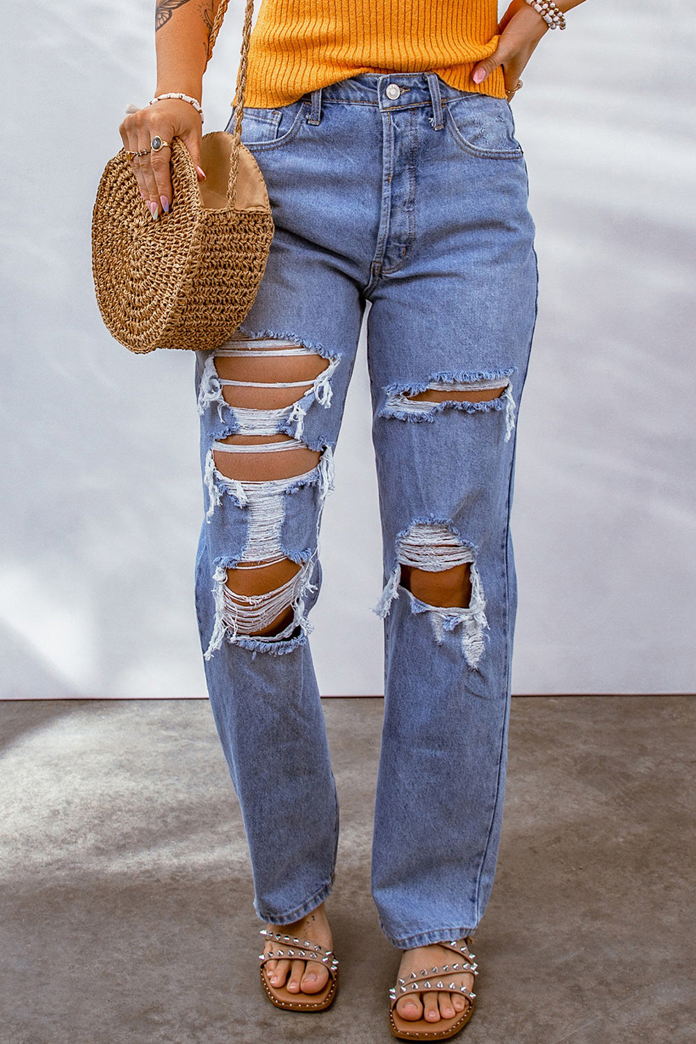 Mid-Rise Distressed Denim Blue Jeans