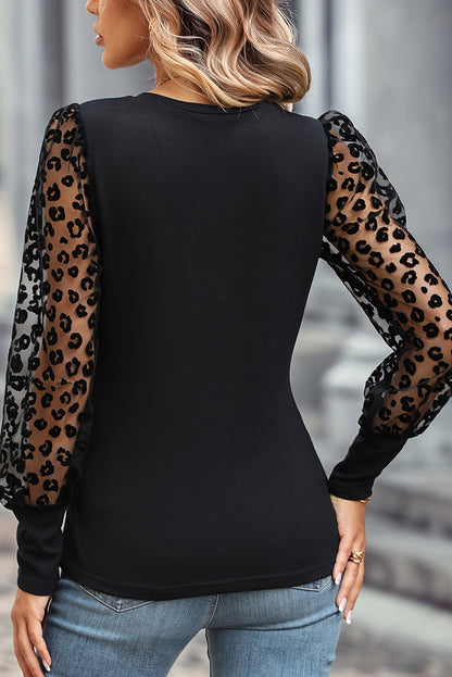 Long Sleeve Sheer Leopard Print Blouse