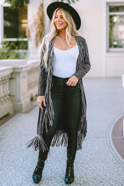 Black Long Western Style Open Front Cardigan with Fringe Detail