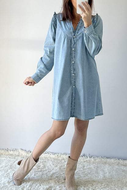 Long Sleeve Button-down Denim Jean Mini Dress