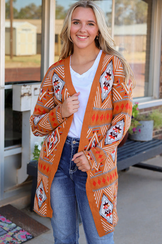 Long Sleeve Southwestern Aztec Print Open Front Cardigan Sweater