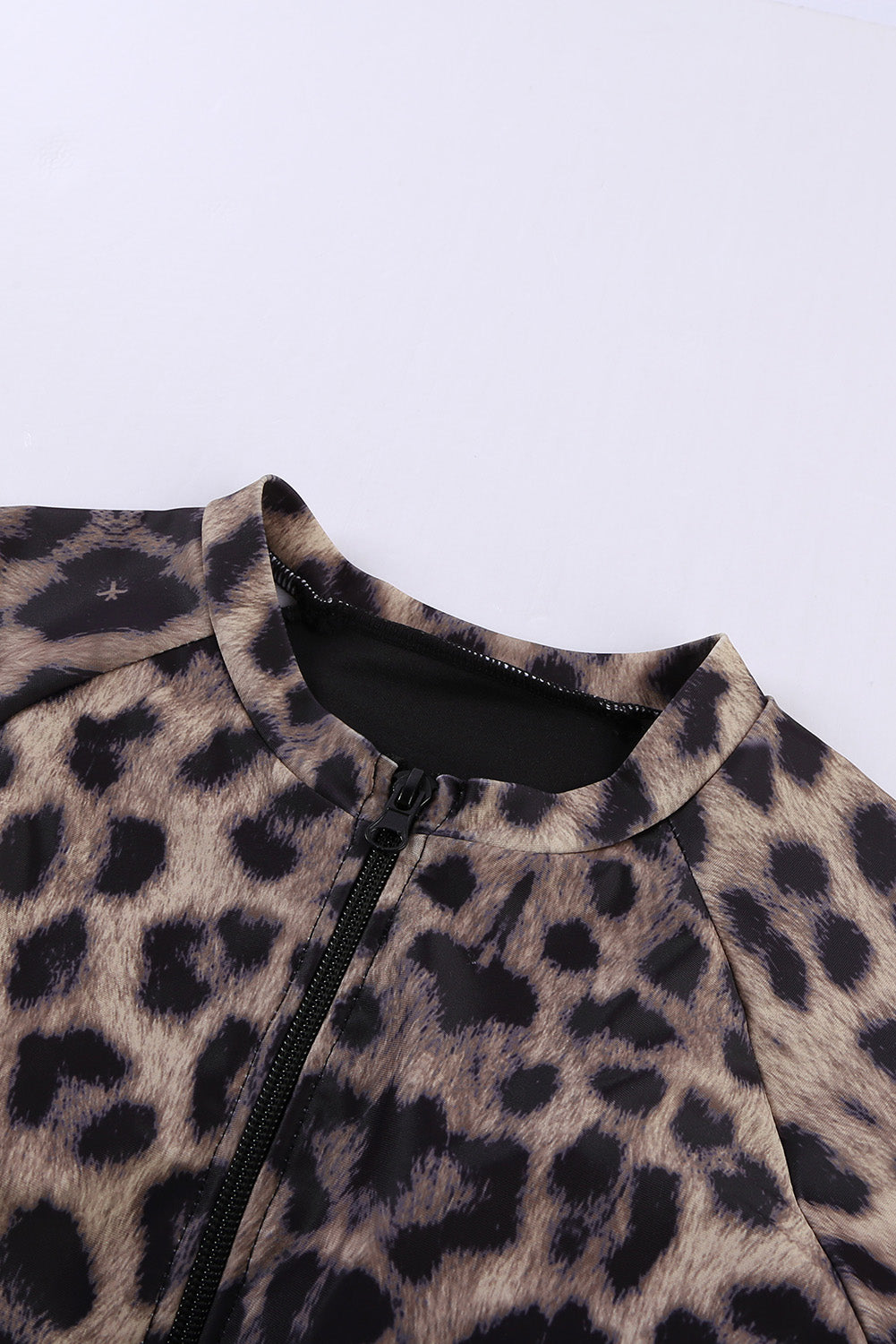 One-Piece Leopard Print Zip Front Long Sleeve Swimsuit