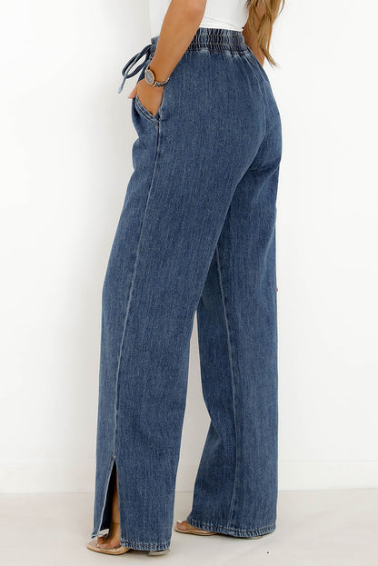 High Rise Elastic Drawstring Waist Wide Leg Jeans