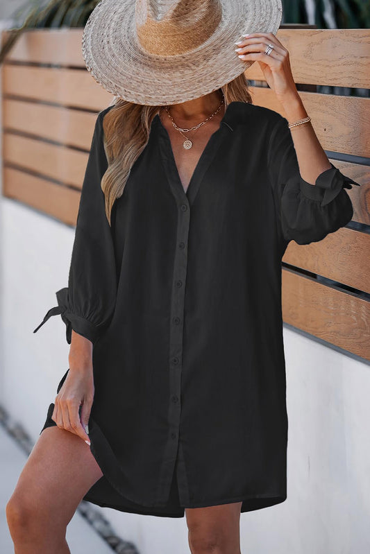 3/4 Sleeve V-Neck Button-down Mini Dress