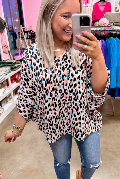 Half Batwing Sleeves Leopard Print Oversized Blouse/Top