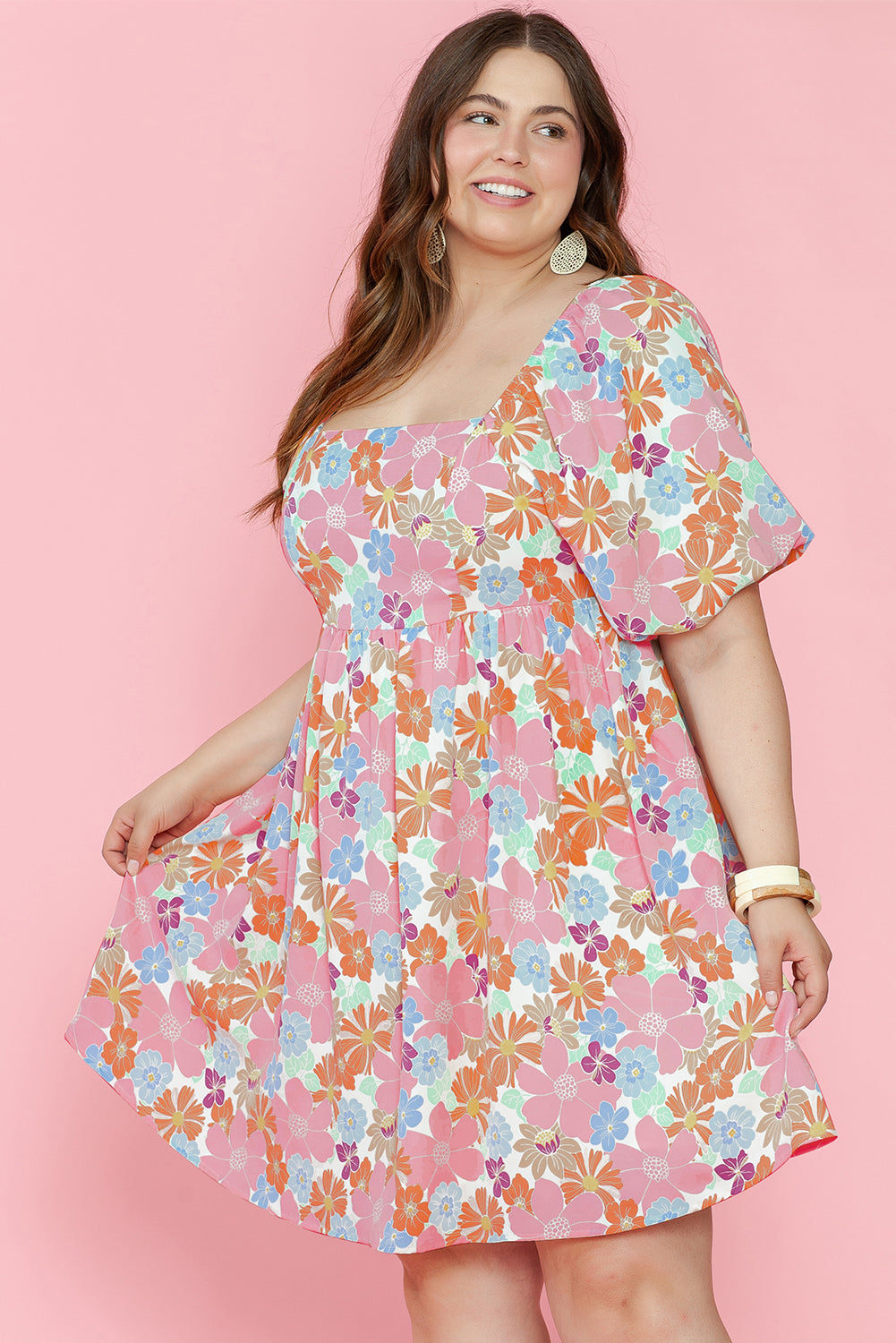 Short Sleeve Floral Print Plus Size Mini Dress