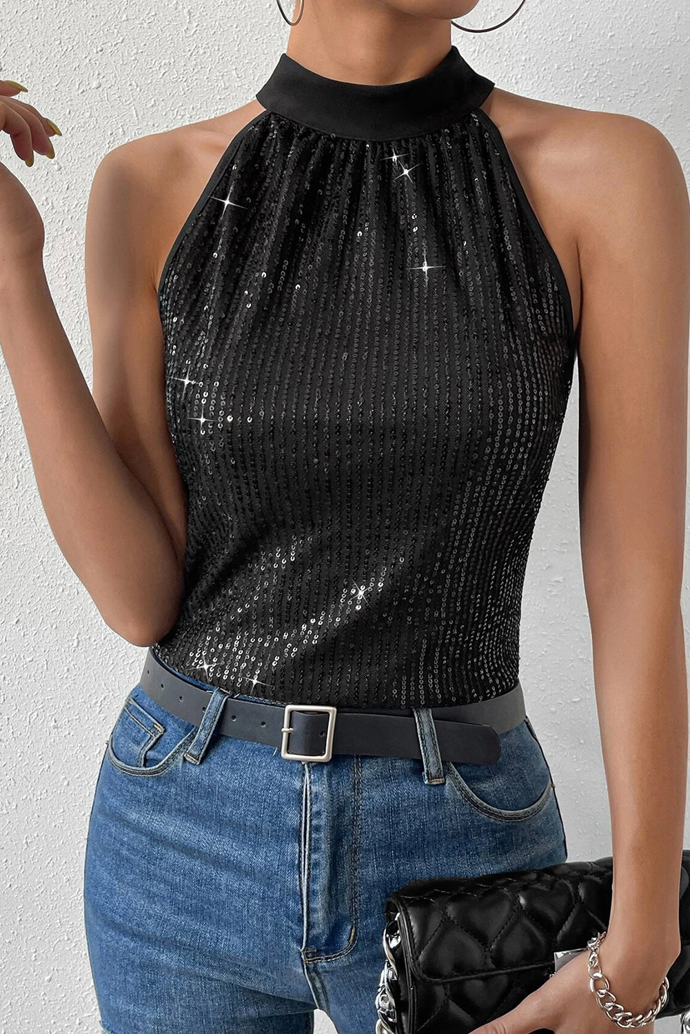 Sleeveless Sequin Halter Top/Tank Top