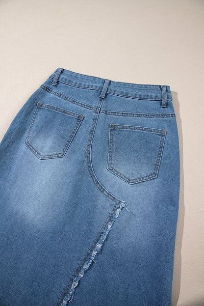 High Rise Denim Blue Jean Midi Skirt