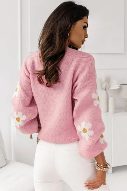 Long Sleeve Pink knit sweater with Daisies