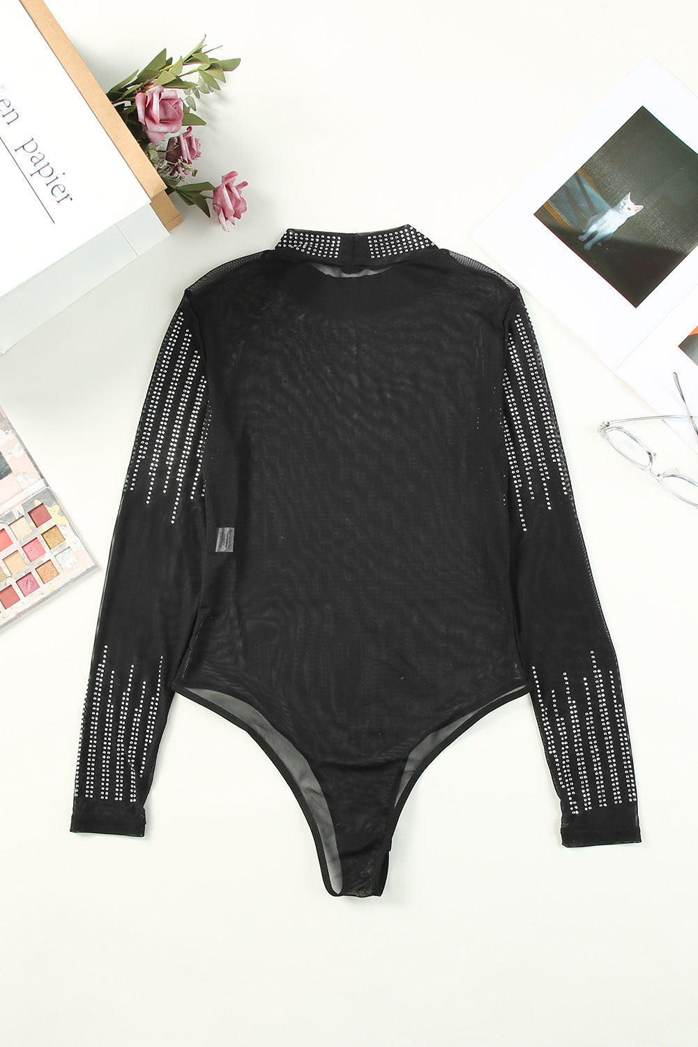 Long Sleeve Studded Sheer Black Bodysuit