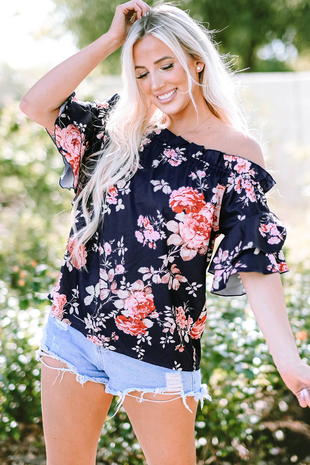 Short Sleeve Off Shoulder Floral Print Blouse