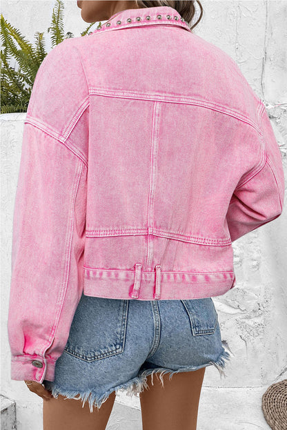 Long Sleeve Button-down Pink Studded Denim Jean Jacket