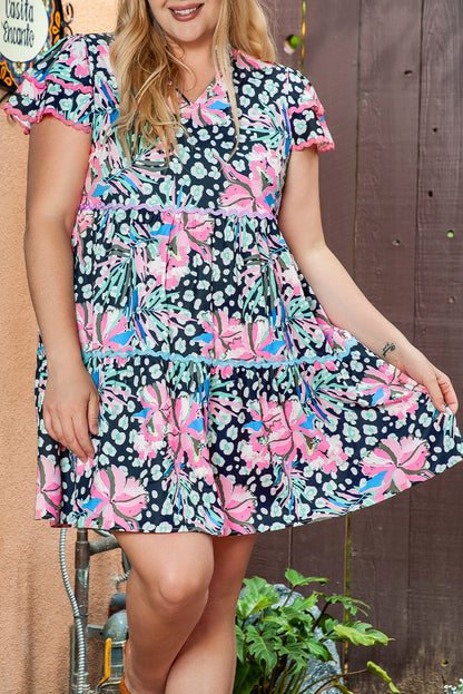 Plus Size Short Sleeve Floral Print Mini Dress