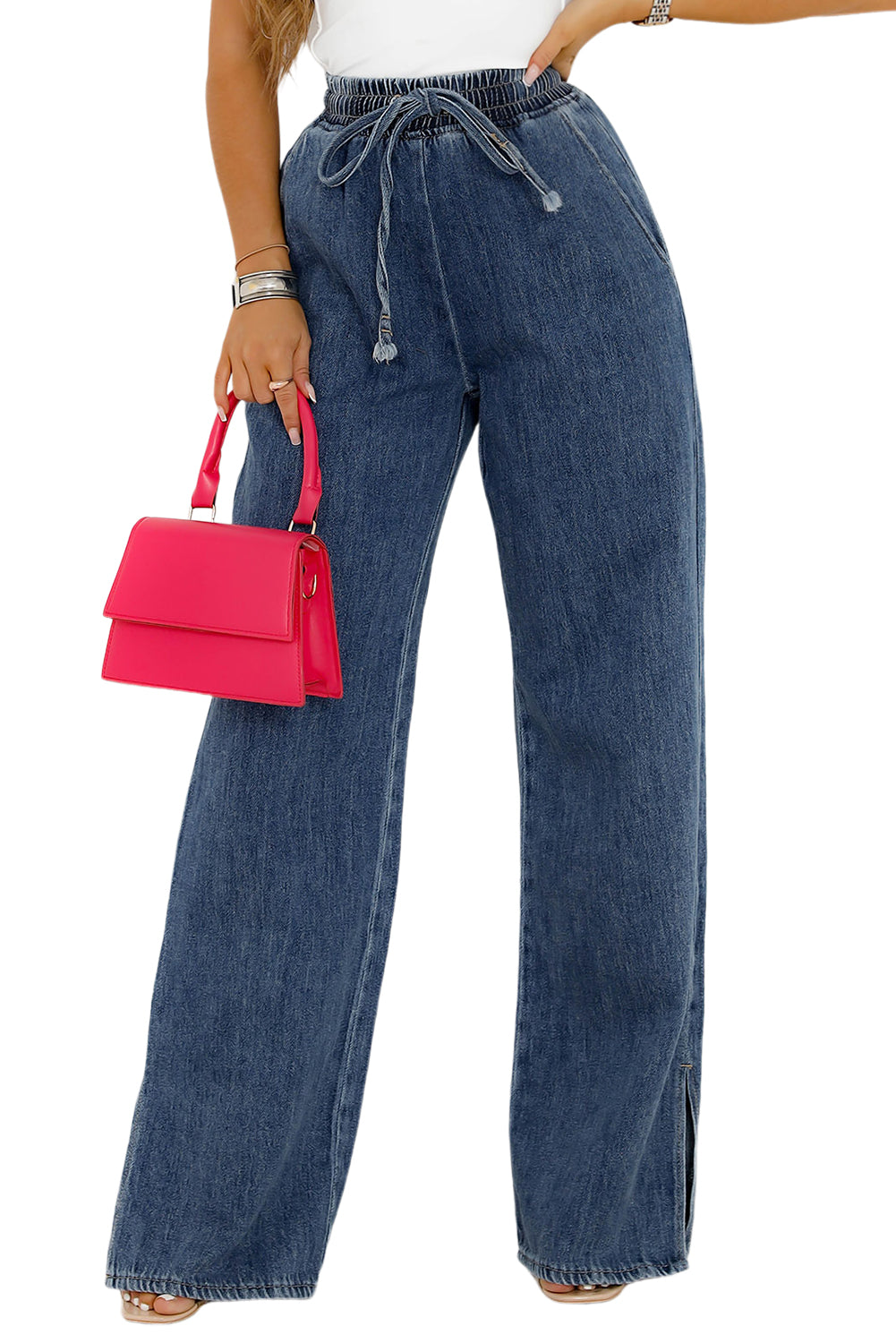 High Rise Elastic Drawstring Waist Wide Leg Jeans