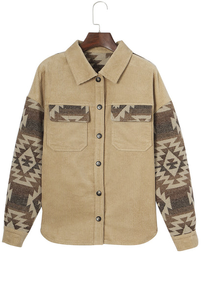 Long Sleeve Button-down Aztec Print Corduroy Jacket