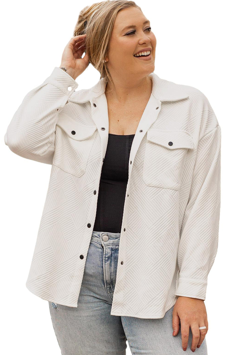 White Plus Size Textured Flap Pockets Jacket