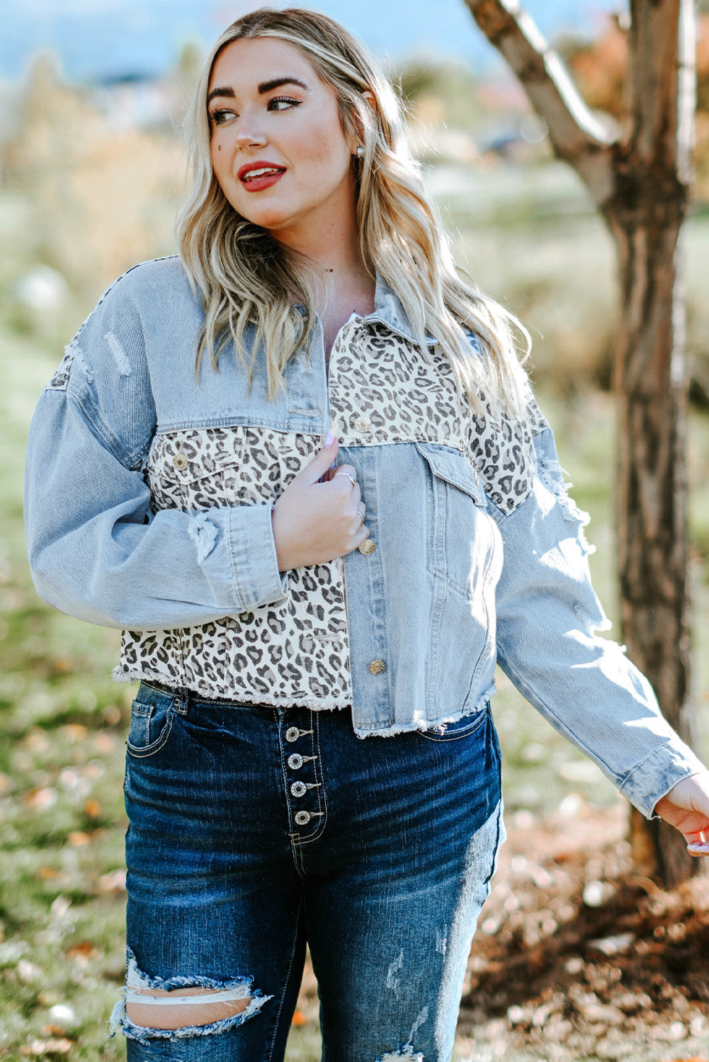 Long Sleeve Button-down Denim Leopard Print Jean Jacket