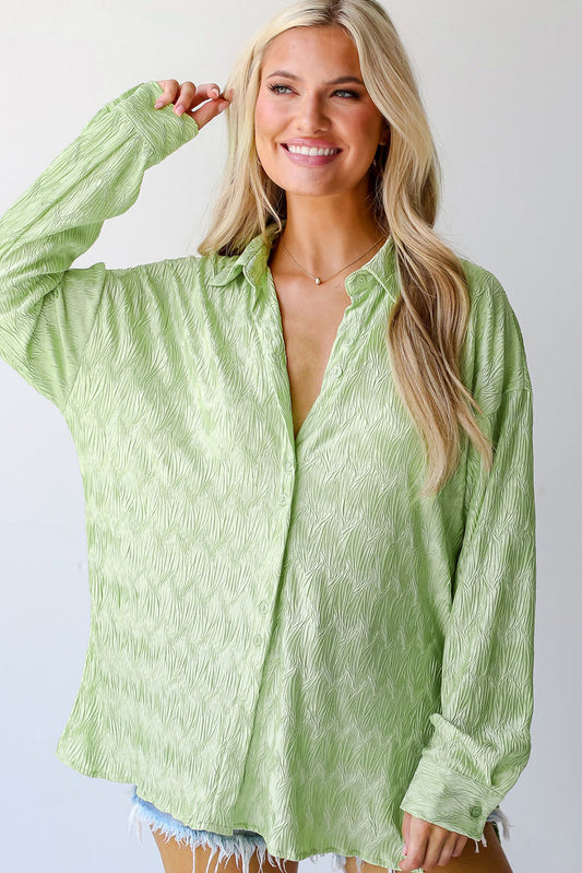 Light Green Textured Casual Oversized Button-down Shirt