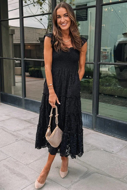 Sleeveless Allover Lace Black Midi Dress