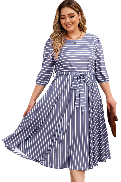 3/4 Sleeve V-neck Striped Midi Dress