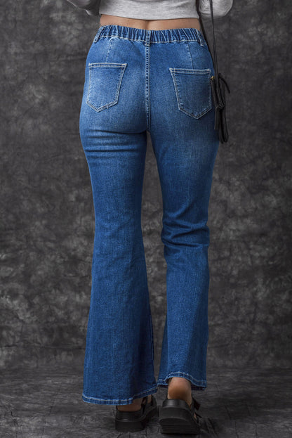 Low-rise Elastic Waist Flared Denim Blue Jeans