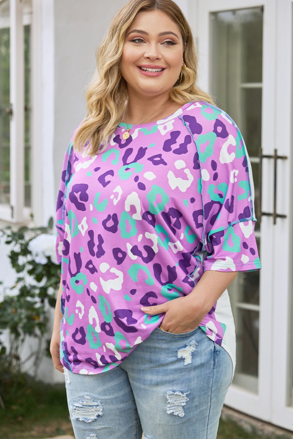 1/2 Sleeve Leopard Print Plus Size Top