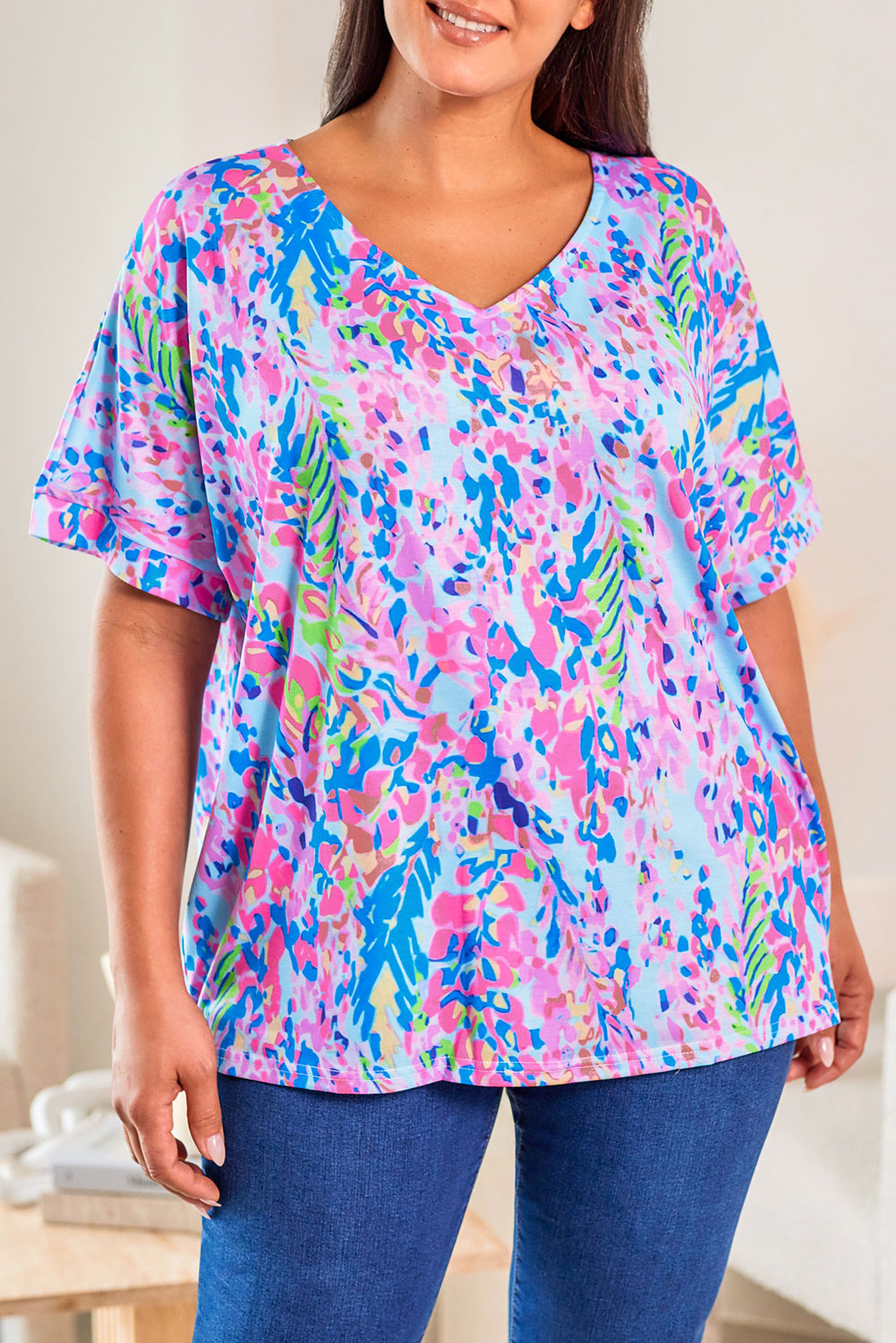 Short Sleeve V-Neck Floral Print Top