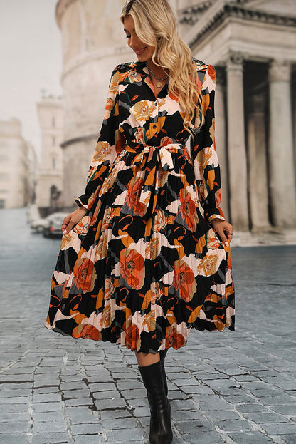 Long Sleeve Button-down Floral Print Shirt Dress