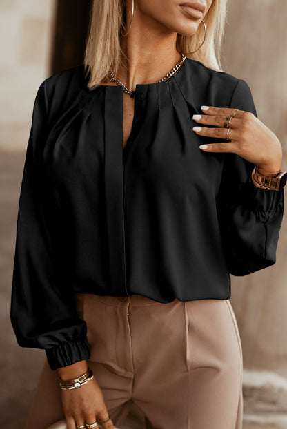 Long Sleeve Pleated, Button-down Blouse