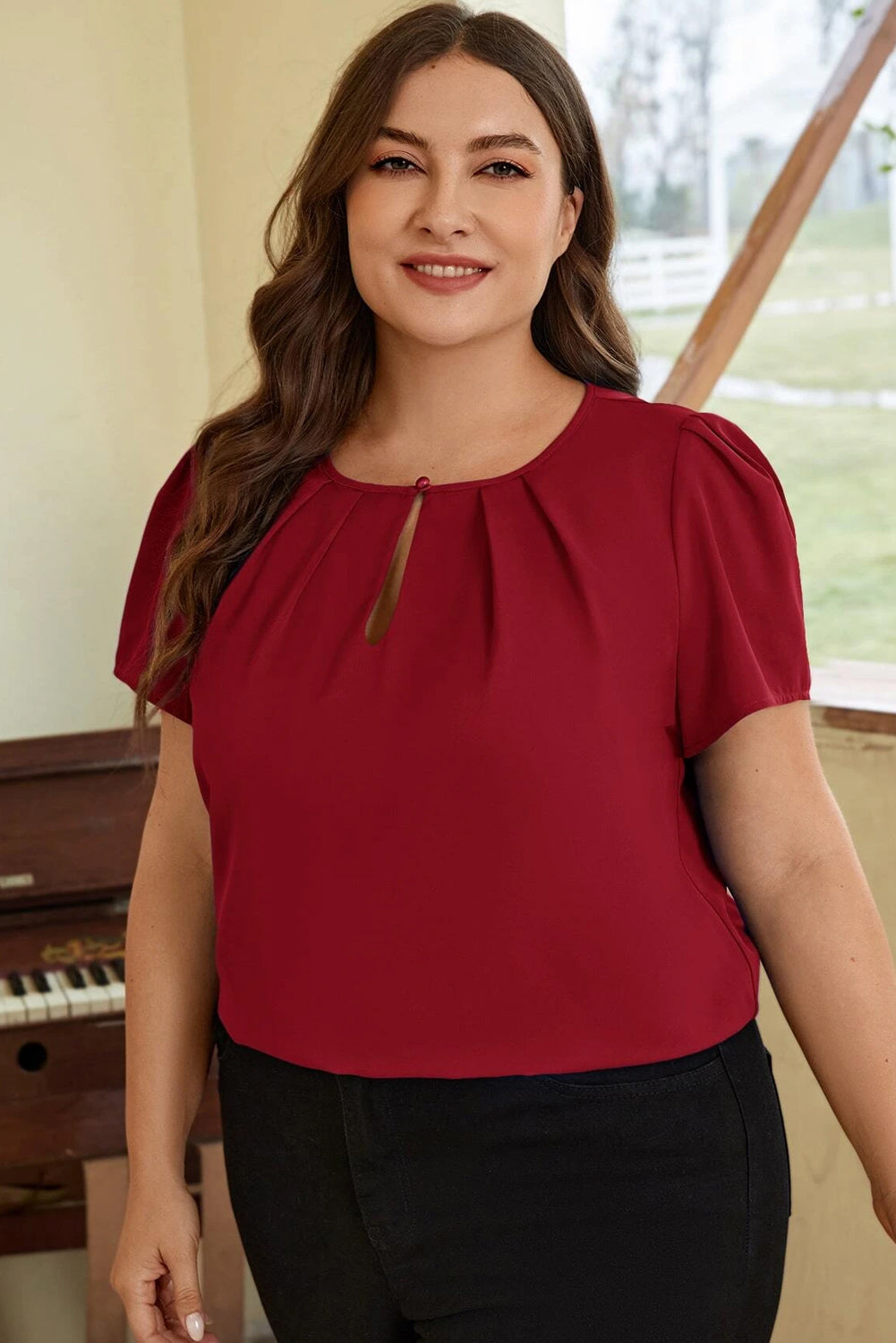 Short Sleeve Pleated Red Top