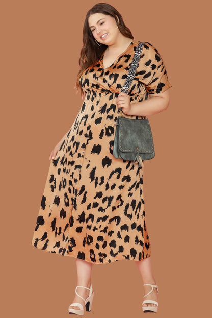 Short Sleeve V-neck Leopard Print Midi Dress