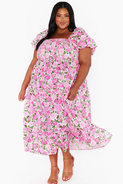 Short Sleeve Floral Print Square Neckline Plus Size Maxi Dress