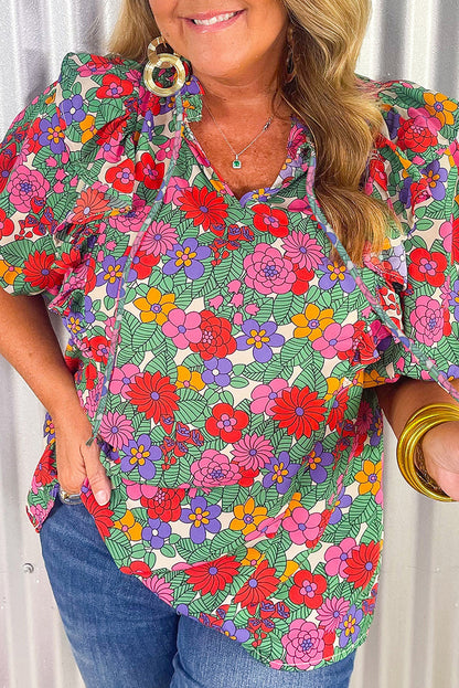 Short Sleeve V-Neck Floral Print Top