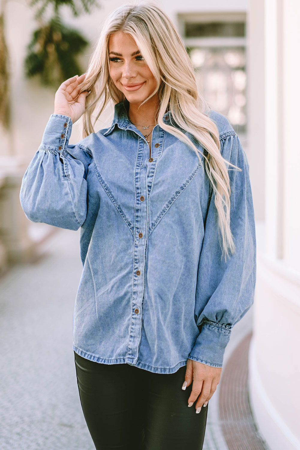 Long Sleeve Button-Down Denim Blue Jean Shirt