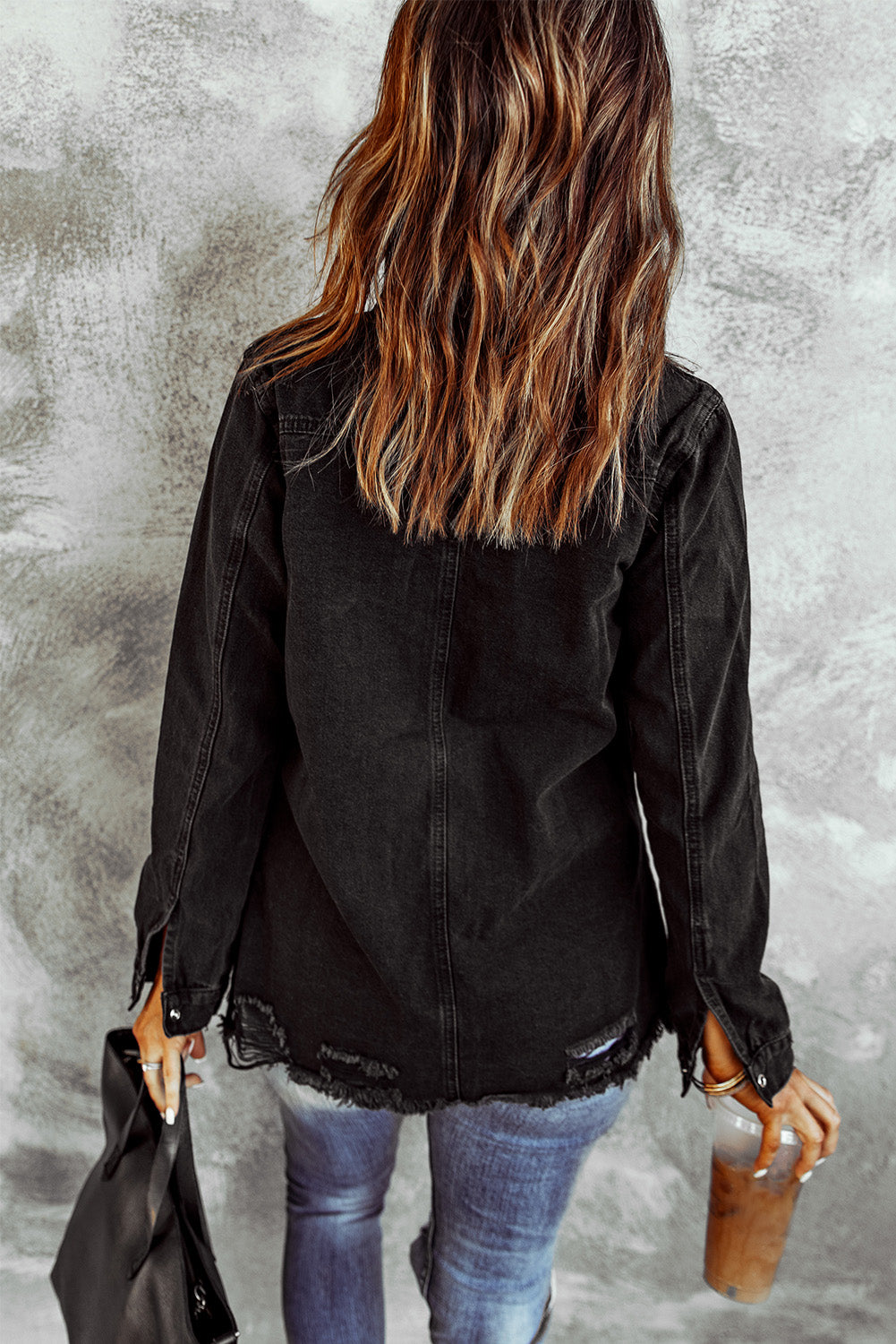 Long Sleeve Button-Down Black Ripped Denim Jean Jacket