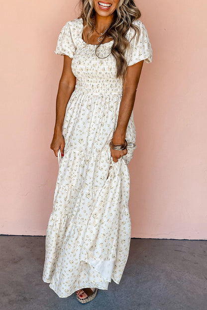 Short Sleeve White Floral Print Maxi Dress