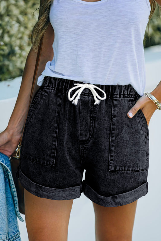 Mid-Rise Elastic Drawstring Waist Black Denim Jean Shorts