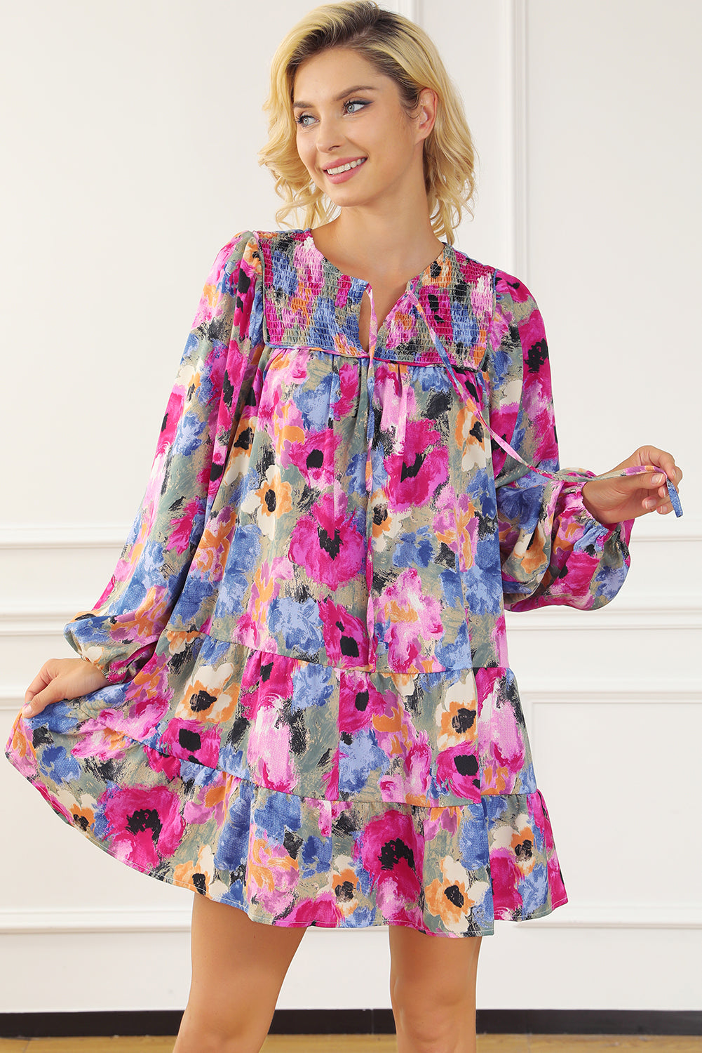 Long Sleeve V-neck Smocked Floral Print Mini Dress