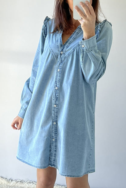 Long Sleeve Button-down Denim Jean Mini Dress