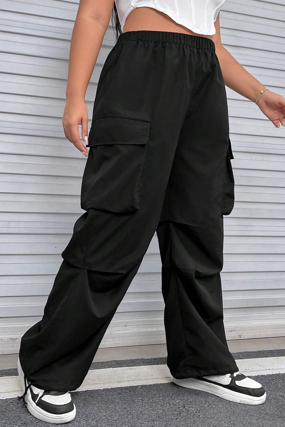 Black Plus Size Multi-pocket Elastic Waist Cargo Pants