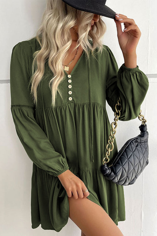 Long Sleeve V-neck Green Mini Dress