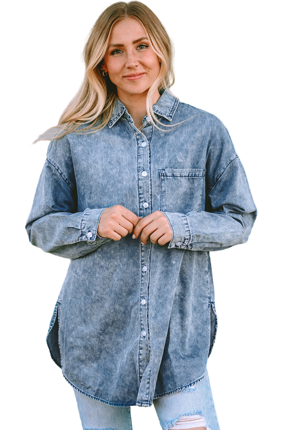 Long Sleeve Button-down Factory Faded Denim Blue Jen Shirt