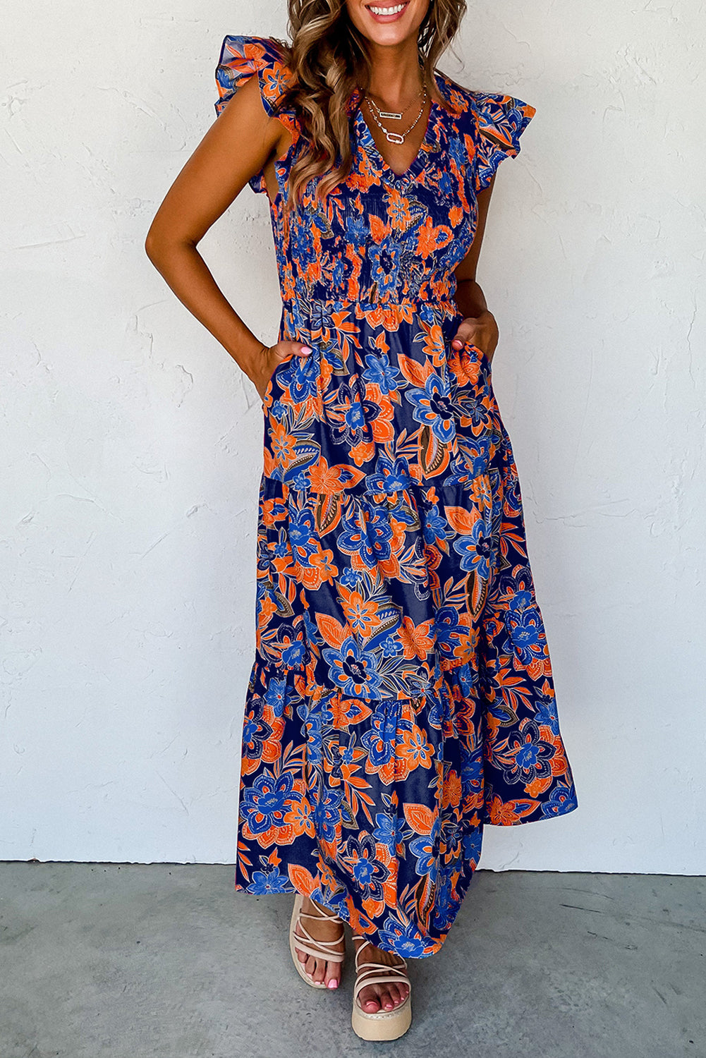 Flutter Sleeve Floral Print V-neck Maxi Dress