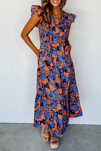 Flutter Sleeve Floral Print V-neck Maxi Dress