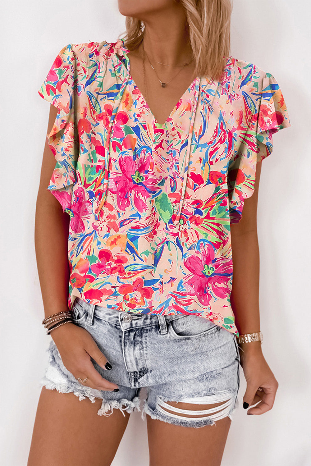 Flutter Sleeve Floral Print V-neck Top